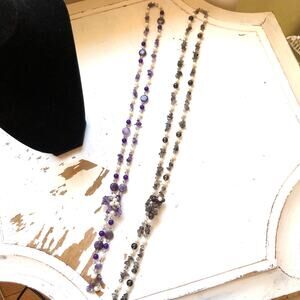 Hand Knotted Faceted Purple Glass Beaded & Black Glass Beaded Lariat Necklaces